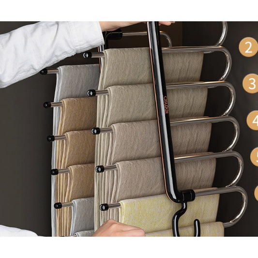 Foldable 6-Layer Trouser and Pants Hanger holding multiple pairs of trousers