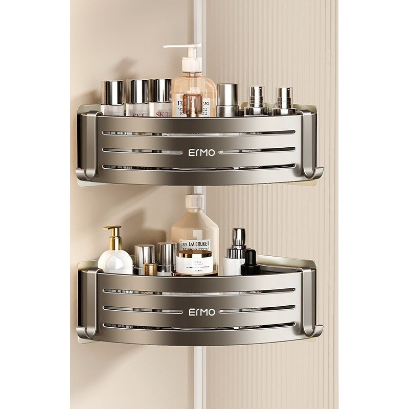 Gunmetal Corner Shower Caddy Shelf with stacked bathroom storage