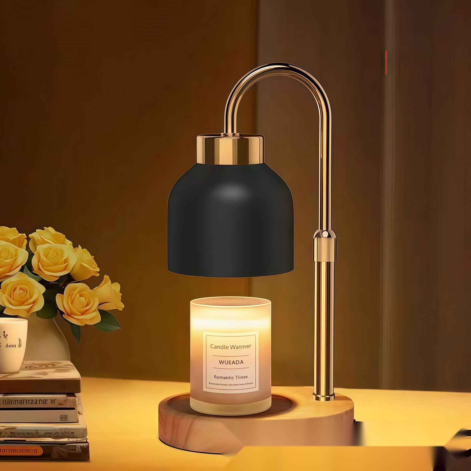 Nestora kaarsverwarmer lamp in zwart in een sfeervolle woonkamer