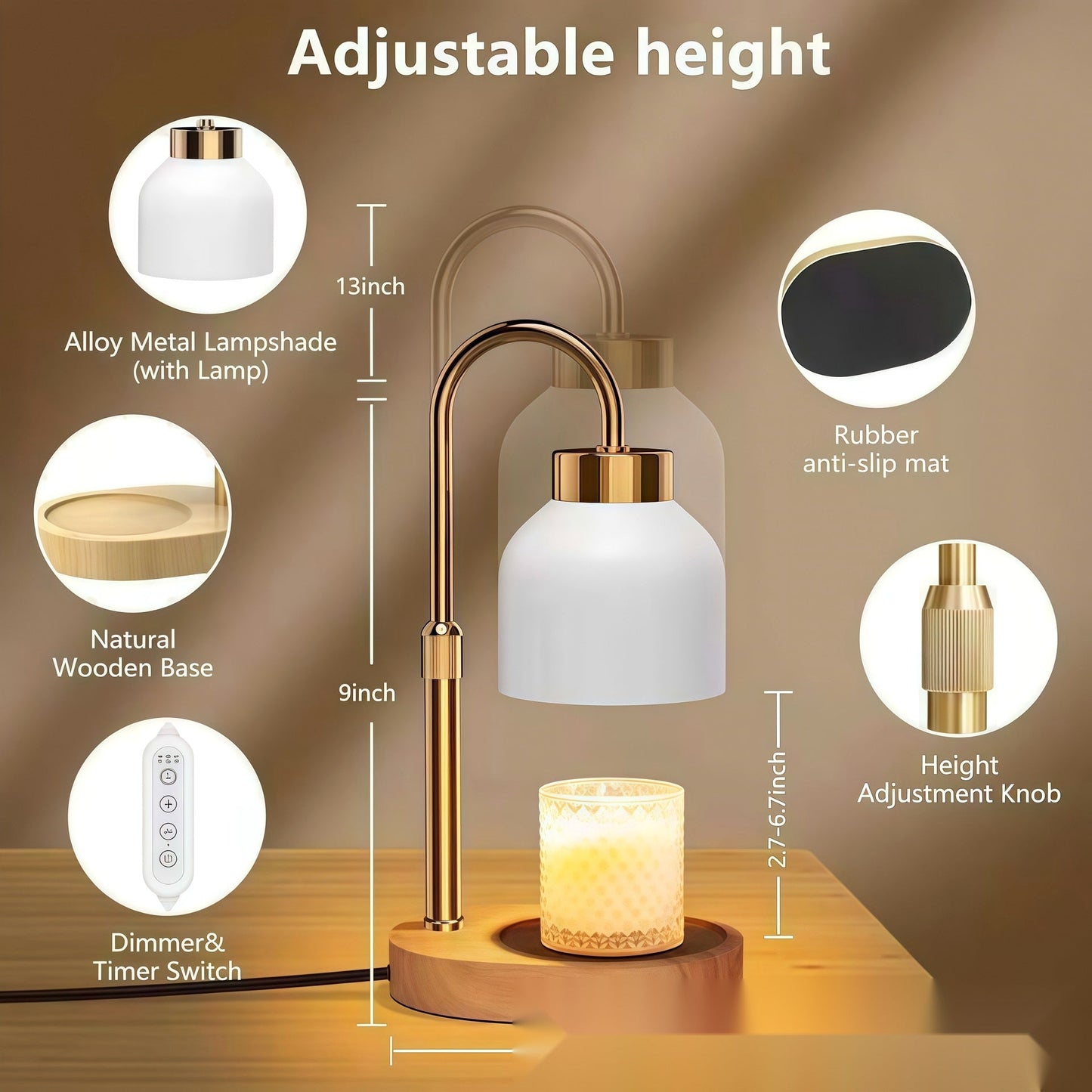 Nestora kaarsverwarmer lamp met verstelbare hoogte, houten voet en timer