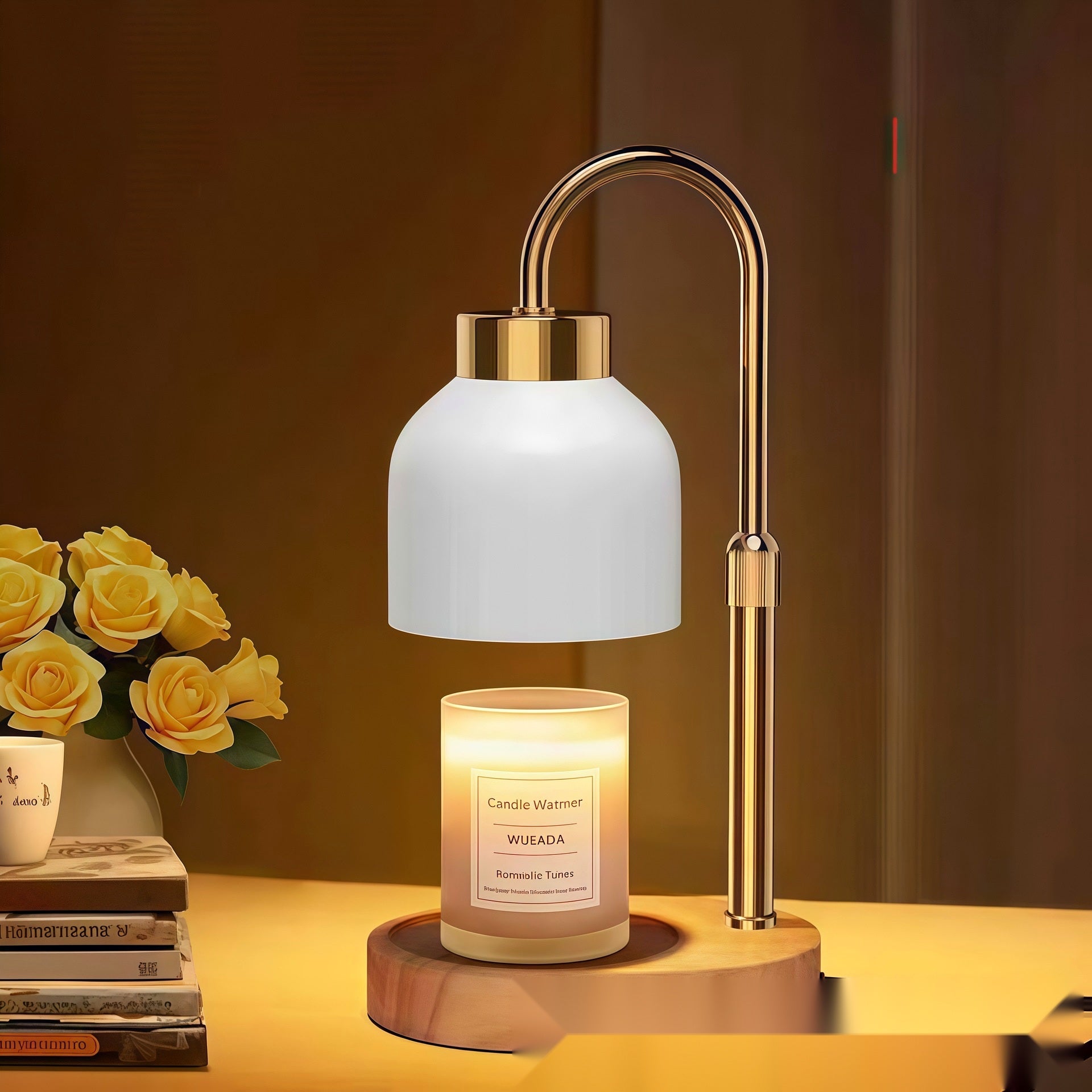 Nestora kaarsverwarmer lamp met witte kap en houten voet