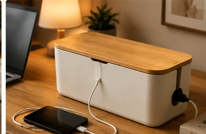 Nestora kabelbox met bamboe deksel in gebruik op bureau