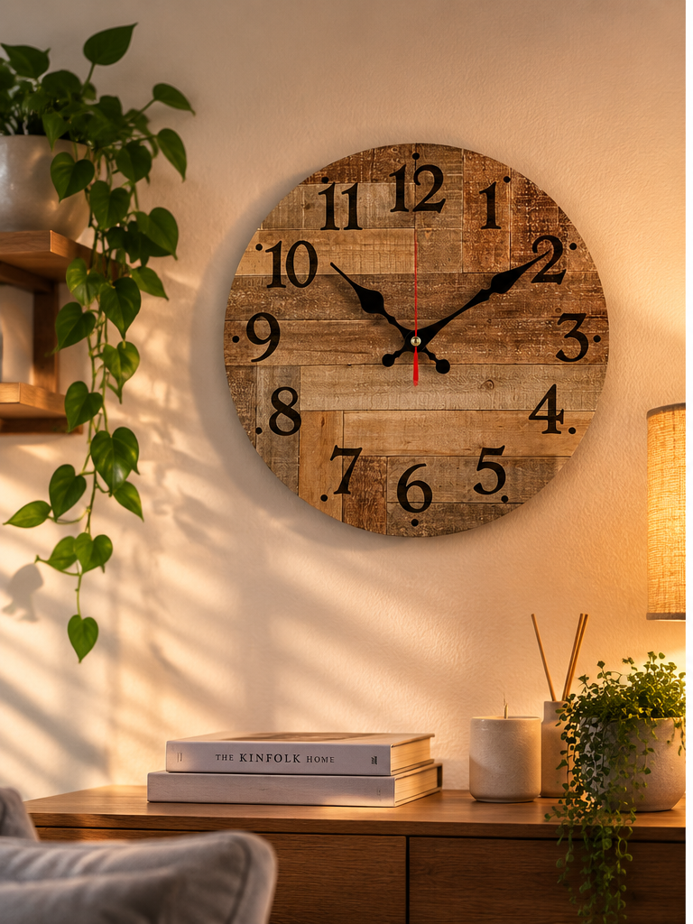 Stille wandklok houtlook in warm interieur