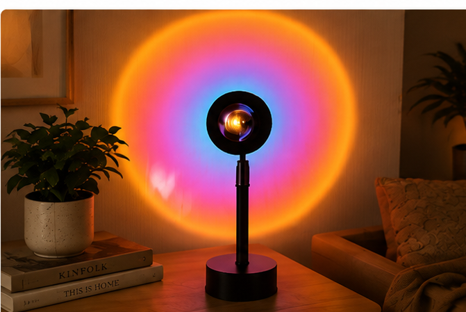 Nestora sunset projectielamp in gebruik in woonkamer