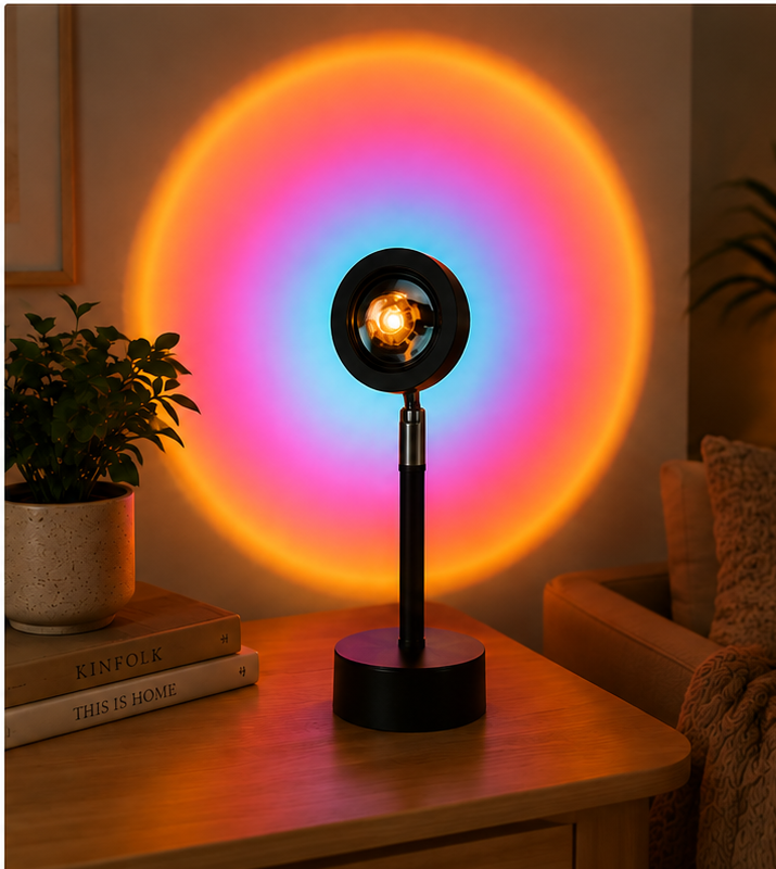 Nestora Sunset Projectielamp – 16 Kleuren RGB in sfeervolle woonkamer