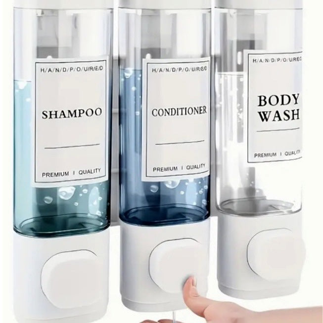 Triple shower dispenser in use with shampoo conditioner and body wash