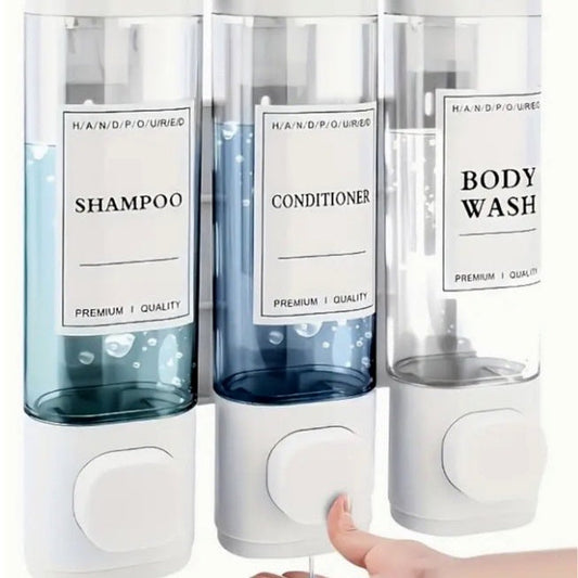 Triple shower dispenser in use with shampoo conditioner and body wash