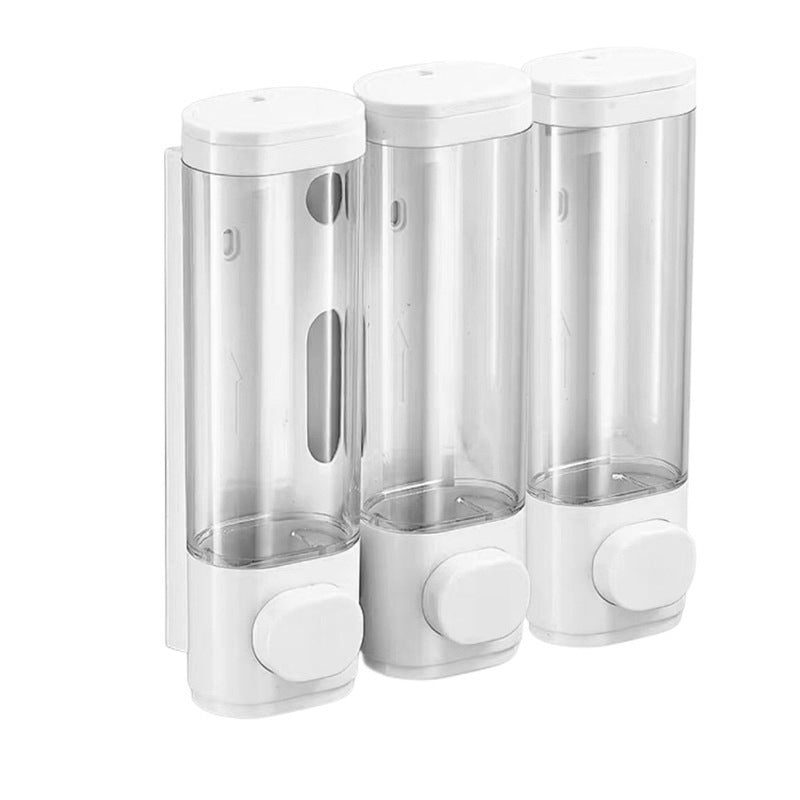 White triple wall-mounted shower dispenser for shampoo conditioner and body wash